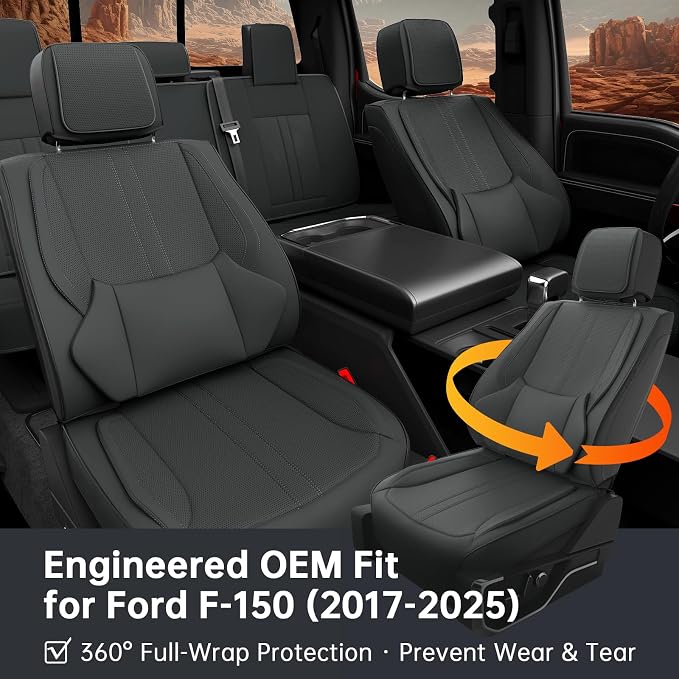 W&PMAX Custom-Fit Seat Covers for Ford F-150 Crew Cab (2015–2025), Full Set Full-Wrap Waterproof Leather Truck Seat Covers, Compatible with Heated & Cooling Seats, OEM Fit – Black