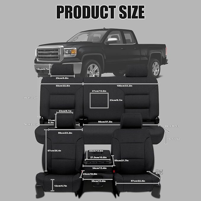 Seat Covers for Chevy Silverado & GMC Sierra 1500 2014 2015 2016 2017 2018 Front & Rear 60/40 Split Bench Full Set Foam Padded Heavy-Duty Automotive Seat Cover Set - Black