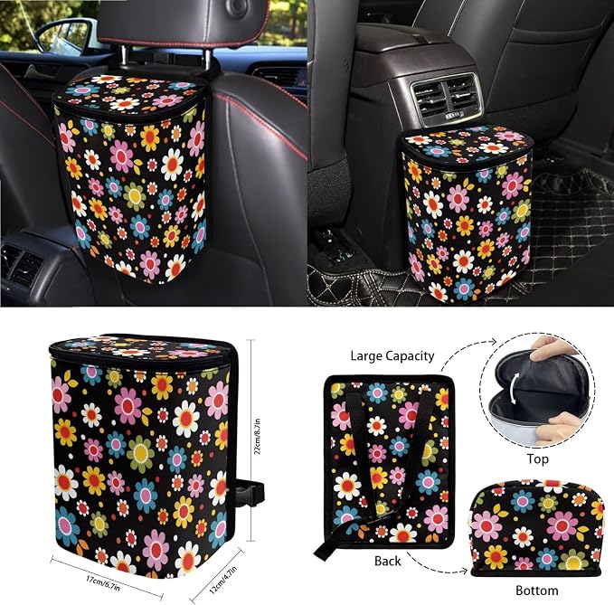 Floral Print Car Interior Covers Full Set of 15, High Back Bucket Seat Cover for Cars with Steering Wheel Cover Seatbelt Pads Trash Bag and Car Air Vent Organizer, Auto Decor