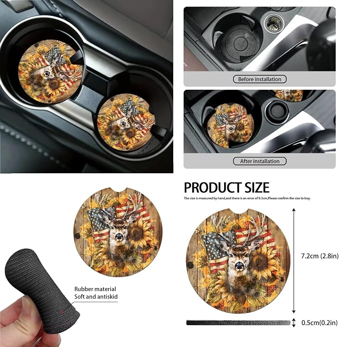 Deer Wood American Flag Print 15PCS Auto Interior Sets Sunflower Butterfly Car Front Rear Seat Covers Steering Wheel Cover Seat Belt Cover Keychain Trash Can Air Vent Storage Bag Mirror Cover