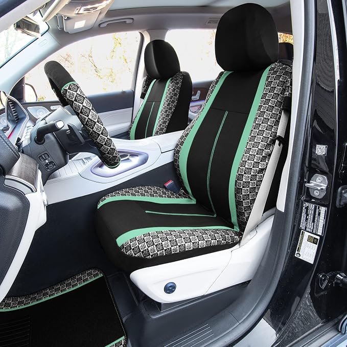 We Are Young Life is Fun™ Checker Car Seat Covers Universal Fit Interior Accessories Full Set Mint Seat Cover Combo Steering Wheel Cover and Seat Belt Pads, Airbag and Split Rear Car Seat Covers