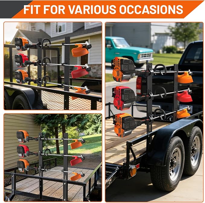 Weed Eater Rack for Trailer, 3 Place Heavy Duty Rust-Proof Weedeater Racks, Trimmer Rack for Open Trailer Truck with Combination Locks