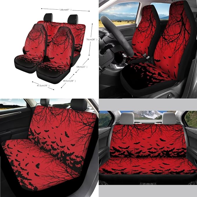 Bat Print Car Seat Covers Full Set High Back Bucket Seat Covers with Steering Wheel Cover Center Console Armrest Pad Seatbelt Pads Car Rear View Mirror Protector Garbage Bag