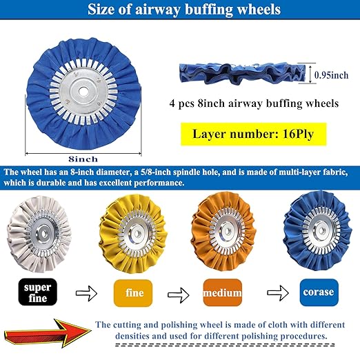 8 inch Airway Buffing Wheel with Compound for Angle Grinder,9PCS Buffer Polishing Wheel(5/8 inch Arbor Hole) and 5PCS Buffing Compounds，Aluminum Wheel Polishing Kit for Mirror Finish