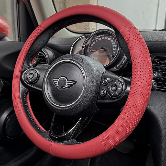 PINCTROT Nappa Leather Steering Wheel Cover, Slim Fit No Bulk Design, One Piece Leather with Breathable Perforation, Fit Like Gloves, Universal 14.5-15 Inch(Nappa Rust Red)