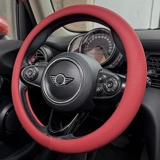 PINCTROT Nappa Leather Steering Wheel Cover, Slim Fit No Bulk Design, One Piece Leather with Breathable Perforation, Fit Like Gloves, Universal 14.5-15 Inch(Nappa Rust Red)