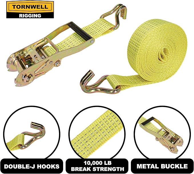 4-Pack 2" x 20' Heavy Duty Ratchet Straps | J Hooks | Comfort Handles | 10,000 lb Break Strength | Ratcheting Tie Down Cargo Straps for Trucks and Trailers