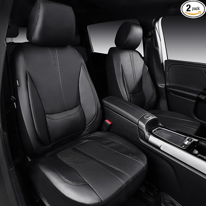 CAR PASS Nappa Leather Car Seat Covers, Water Resistant 3D Foam Faux Leather Seat Covers, Lumbar Support Automotive Seat Covers 2 Front Seats, Comfort & Universal Fit for Cars SUV Truck, Solid Black
