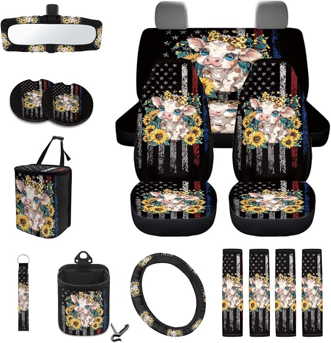 Cow Sunflower American Flag Pattern Front and Back Seat Protector, Steering Wheel Cover Seat Belt Pads Trash Can Air Vent Storage Bag Keychain Universal Fit Most Cars Sedans