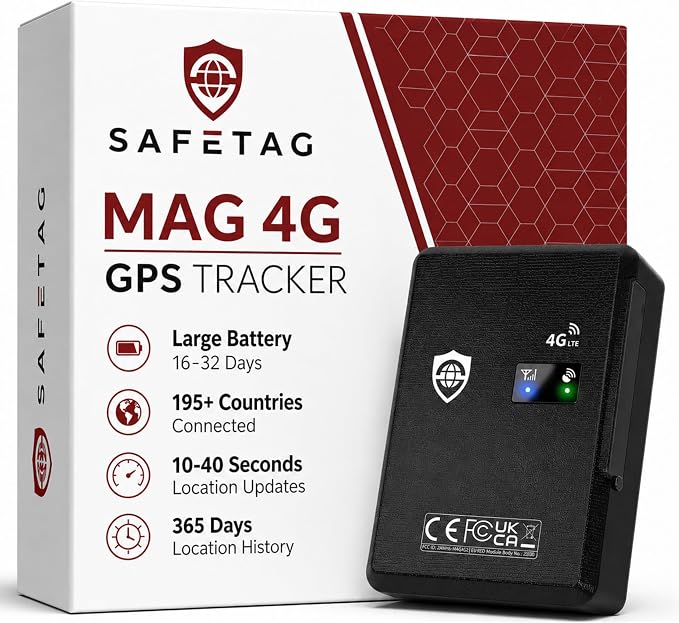 SafeTag Mag 4G – Rechargeable Magnetic 4G LTE GPS Tracker, Car, Van, Motorbike, Caravan, etc. 34-195 Countries, 90 Day Standby, Real Time Tracking and Alerts, 7 Day Free Trial+SIM Included, UK Company