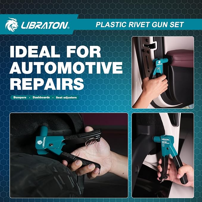 LIBRATON Plastic Rivet Gun Kit with Fastener Remover, 90 Degree Angle Hand Riveter with 40Pcs Nylon Rivets (4 Sizes) & Pry Tool, Universal Nosepiece for Automotive, Ergonomic & 50% Lighter Force