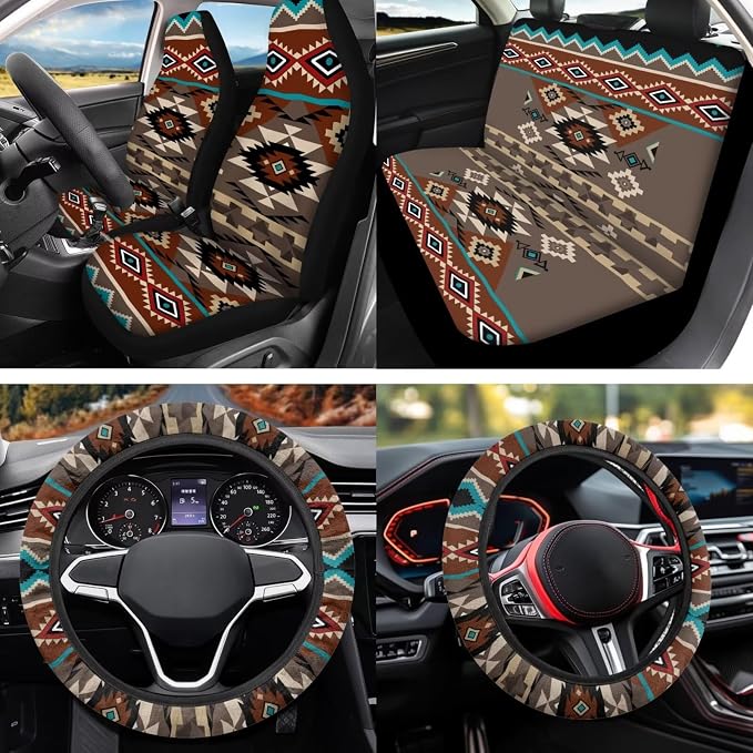 Brown Aztec 12 Pcs Car Seat Covers with Steering Wheel Cover,Seat Belt Covers Cup Holder with Keychain Novelty Automotive Protector Set Universal Fit Automotive Most Cars
