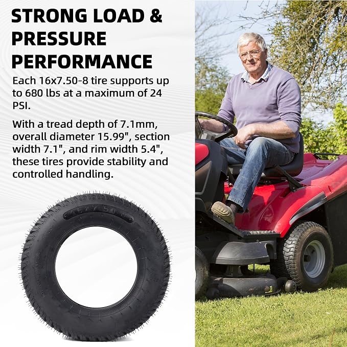 AR-PRO (2-Pack) 16x7.50-8 Tires, 4PR Tubeless Tires Compatible with Riding Lawn Mowers, Garden Tractors, Golf Carts, and Yard Equipment