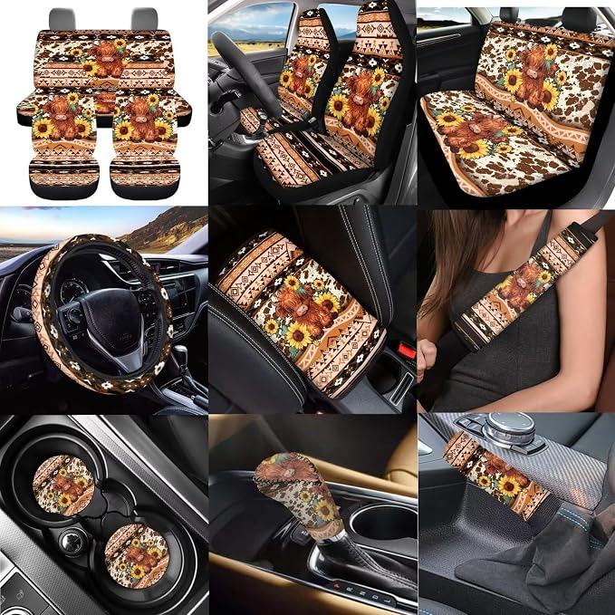 Dreaweet Aztec Brown Cow Print Car Seat Covers Full Set Cute Sunflower Highland Cow Car Accessories Steering Wheel Cover Car Coasters Armrest Cover Seatbelt Covers Gear Shift Cover Handbrake Cover