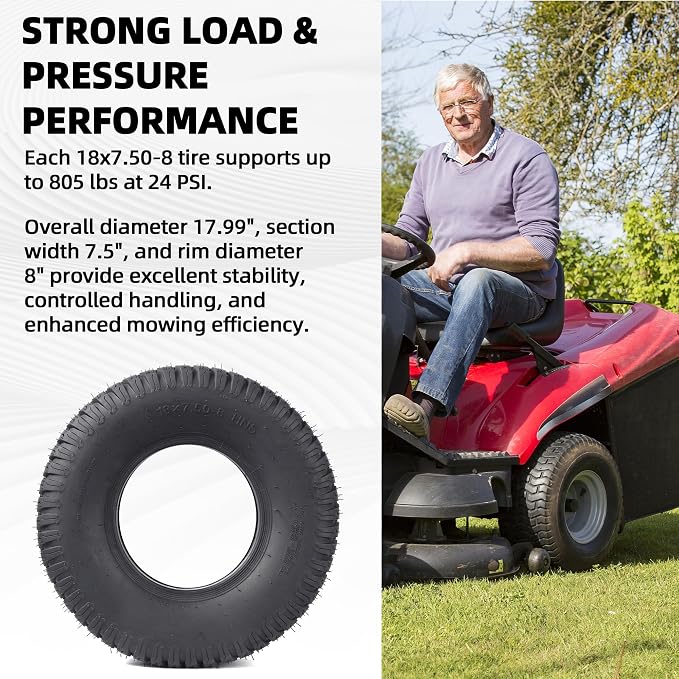 AR-PRO (2-Pack) 18x7.50-8 Tires, Replacement 4PR Durable Tubeless Tires for Lawn Mowers, Garden Tractors and Golf Carts, Rim Not Included