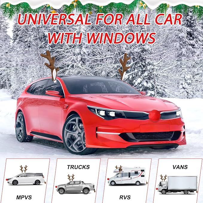 Christmas Car Reindeer Antlers with Nose & Ears - Festive Plush Antler Kit with Lights & Bells - Universal Holiday Decoration for SUV Van Truck