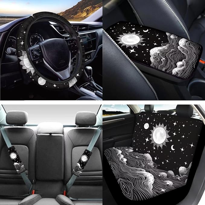 Mumeson Moon Car Seat Covers with 15 Inches Car Rubber Steering Wheel Cover 2 Pack Car Seatbelt Cushion Covers Soft Armrest Cover Universal Fit Cars Truck SUVs Van Most Vehicle