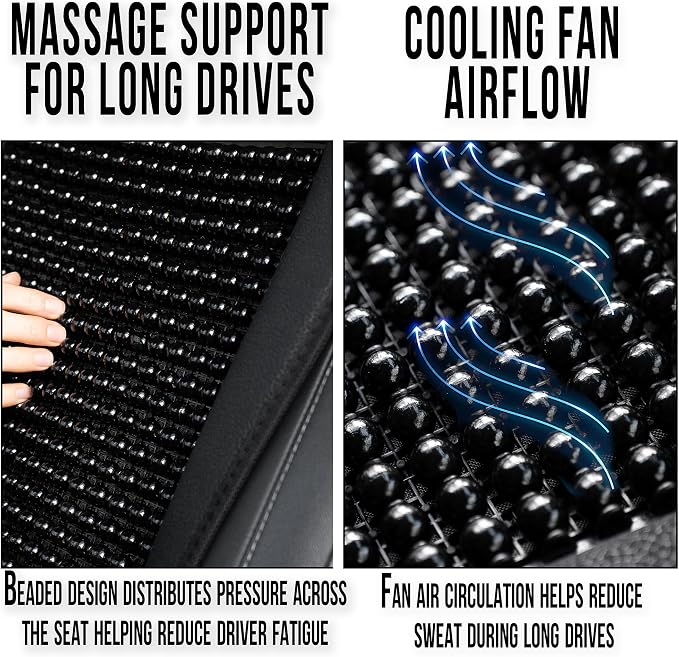 Beaded Cooling Car Seat Cover Massage Cushion, Beaded Seat Cover Black Wooden Beads with 12V Car Seat Cooling Pad Adjustable Temperature, Breathable Sweat Protector Cooling Car Seat Covers for Summer