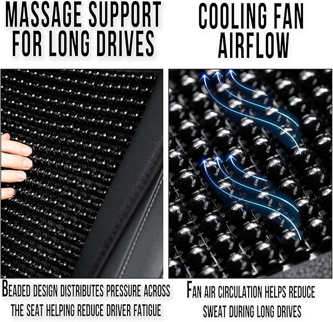Beaded Cooling Car Seat Cover Massage Cushion, Beaded Seat Cover Black Wooden Beads with 12V Car Seat Cooling Pad Adjustable Temperature, Breathable Sweat Protector Cooling Covers for Summer (2 Pack)