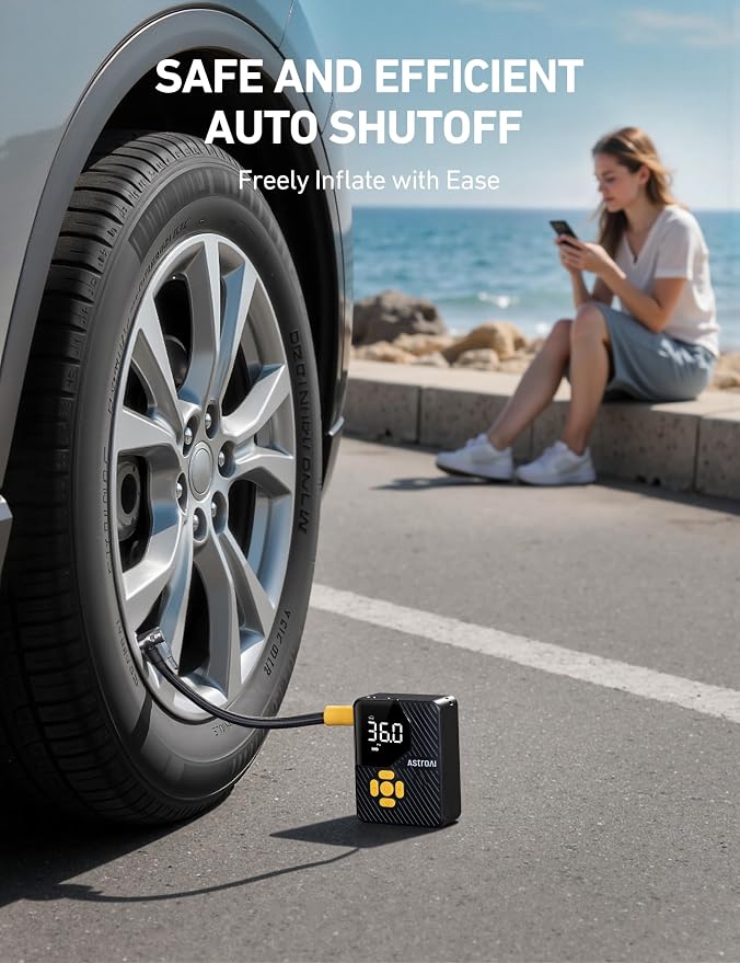 AstroAI 150 PSI Tire Inflator Portable Air Compressor, Fast Inflation Cordless Air Pump with LED Light &Pressure Gauge, Auto Shut-Off, L7 Mini Tire Inflator for Cars, Motorcycle, Bicycle, Ball, Yellow
