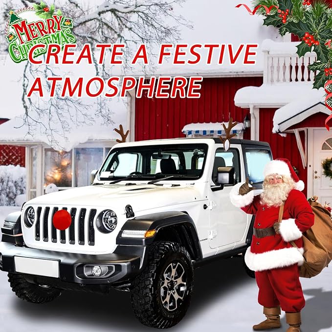 Christmas Car Reindeer Antlers with Nose & Ears - Festive Plush Antler Kit with Lights & Bells - Universal Holiday Decoration for SUV Van Truck