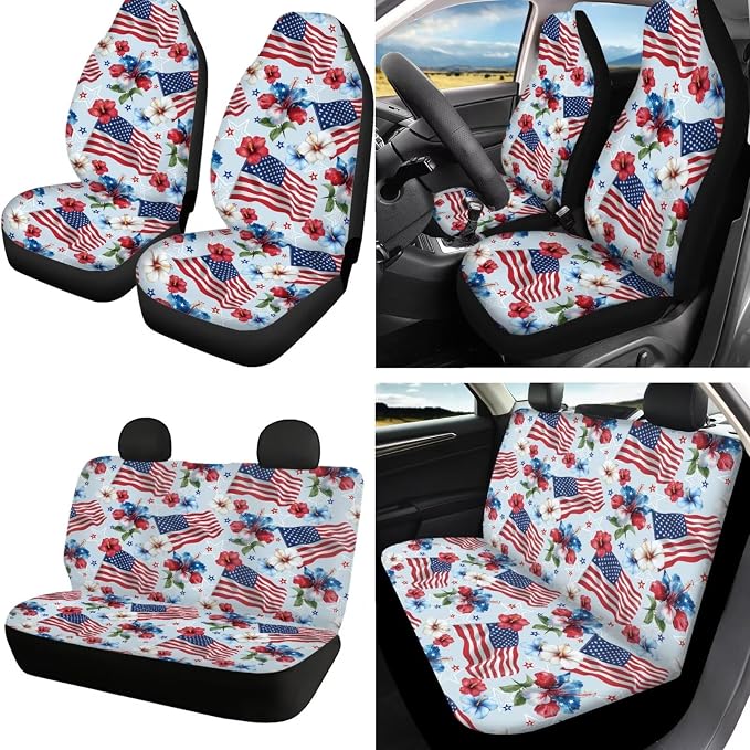 250 Years Full Set Car Seat Covers Hibiscus American Flag Print Car Front and Rear Seat Covers with Interior Decor Accessories for Truck Sedan SUV, Easy to Install, Blue