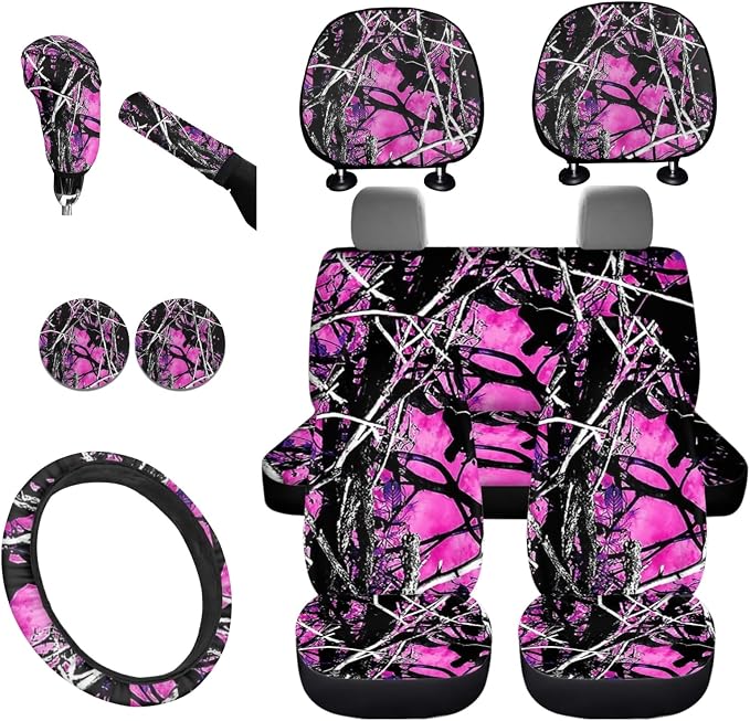 KEIAHUAN Pink Camo Front and Rear Bench Seat Cover Full Set,Camouflage Steering Wheel Cover,Car Headrest Cover,Coaster,Gear Shift Knob Cover with Handbrake Cover,Car Accessories Set