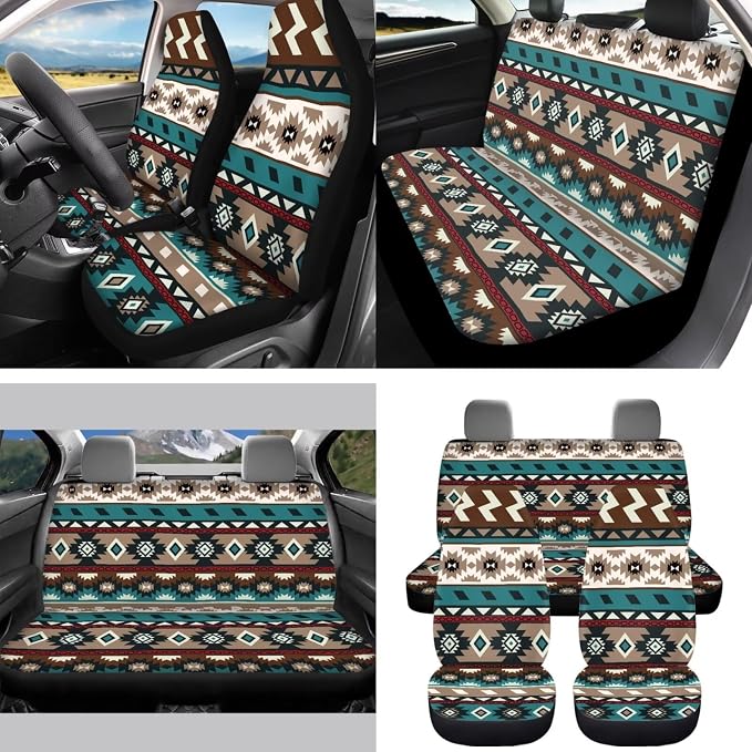 Southwestern Aztec Car Seat Covers Set of 15 with Universal Steering Wheel Cover, Rearview Mirror Cover, Car Trash Can, Seatbelt Pads, Cup Holder Coasters, Keychains