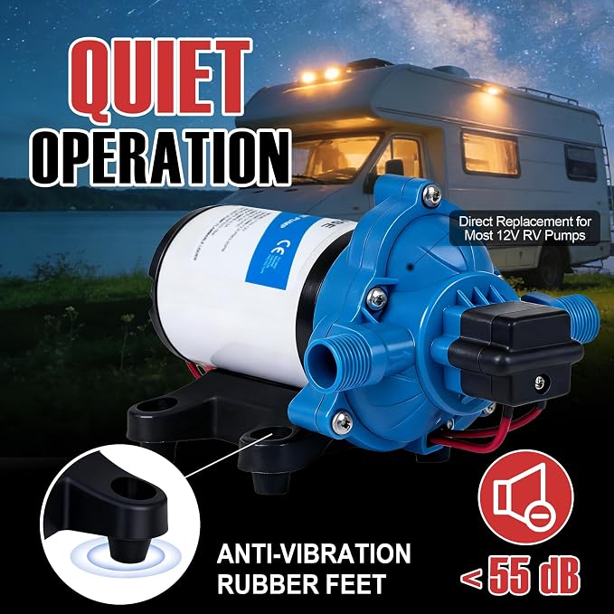 DC HOUSE 33 Series 12V RV Water Pump 3.5GPM 45PSI, 3-Chamber Diaphragm Pump with Built-in Pressure Switch, Quiet Self-Priming Demand Pump for Camper, Boat, Cabin, Off-Grid System
