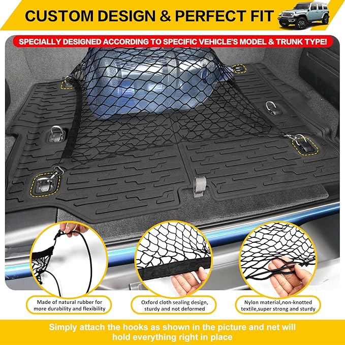 Cargo Mat & Trunk Net for 2021-2024 Jeep Wrangler JL 4XE Trunk Liners with Cargo Net All Weather Protection Anti-Slip Rear Mesh Cargo Netting for 21-24 Wrangler JL 4XE 4 Door Accessories