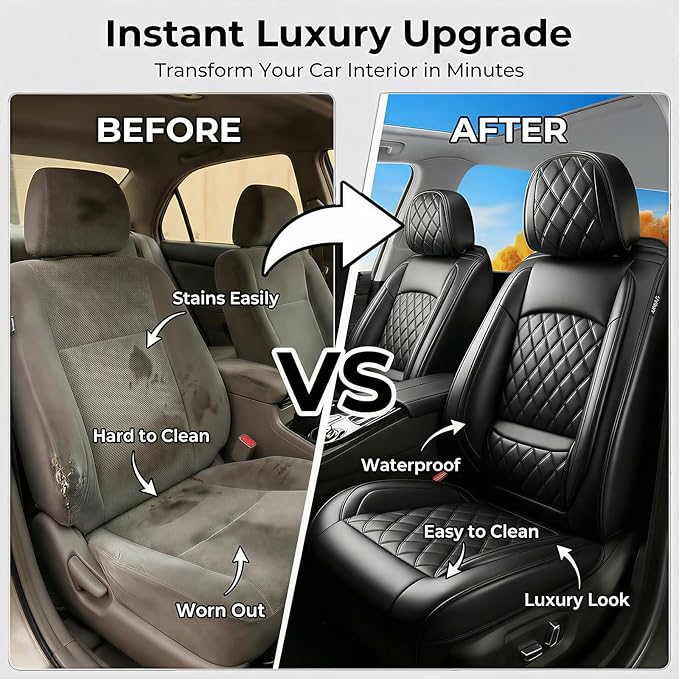 Fit Expedition Car Seat Covers for Ford Expedition 2011-2025 2026(Only 5-Seat Version) - Luxury Leather, All-Weather Seat Cushions, Waterproof, Airbag Compatible, 2 Front Seats Only (Black)