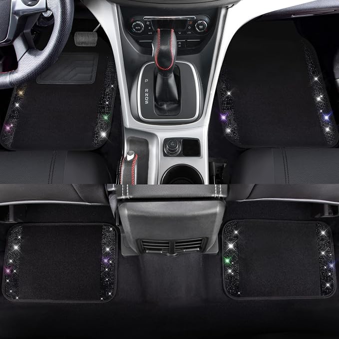 CAR PASS 30 PCS Bling Car Accessories Set for Women, Bling Steering Wheel Covers 15 Inch, Shining Rhinestone License Plate Frame, Sparkly Diamond Phone Holder, Car Mats Full Set, Black