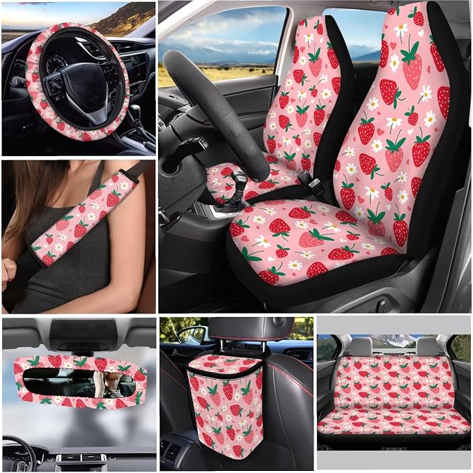 Strawberry Pink Car Seat Covers Full Set for Most Cars, with Seat Belt Pads Steering Wheel Cover Car Trash Bin Rear View Mirror Cover Car Coasters Keychain Holder Keychains, 12pcs