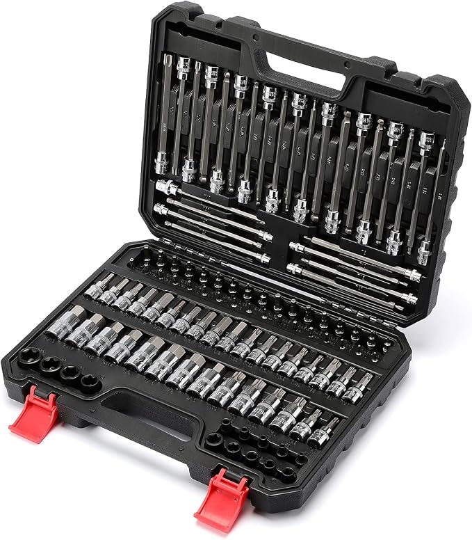 CASOMAN 107 Pieces Bit Socket Set, 1/4", 3/8" and 1/2" Drive, Torx/Tamper Proof Torx/Hex/Ball End Hex, SAE/Metric, S2 Steel Bits