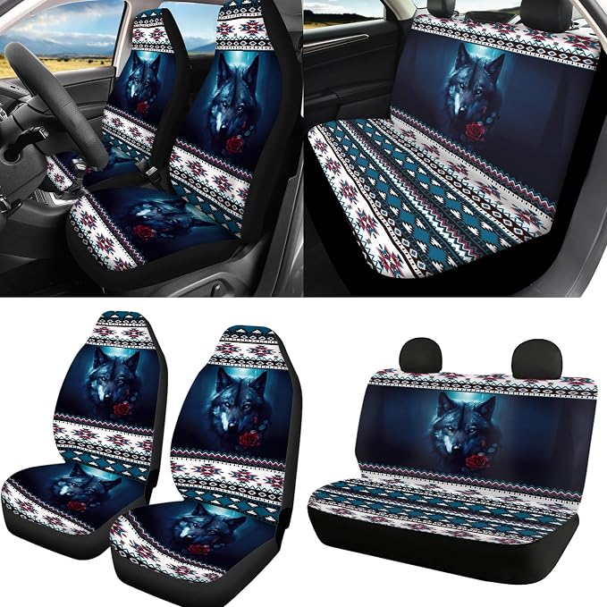 Aztec Wolf Seat Covers Full Set with Western Steering Wheel Cover, Shoulder Pads, Tribal Seat Covers Car Accessories Universal Fit for Most Cars, Blue