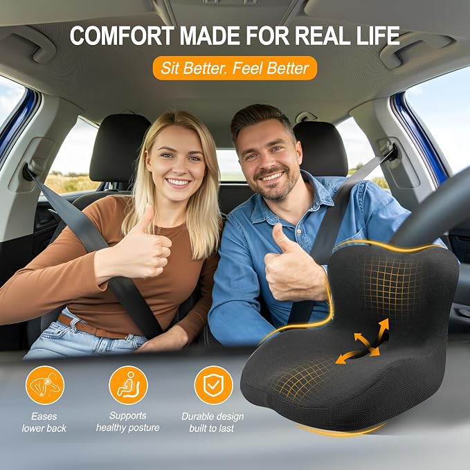 Allaboutsla Memory Foam Car Seat Cushion with Lumbar Support, L-Shaped Ergonomic Design for Long Driving, Pressure-Relief Comfort for Car, SUV, Semi Truck & Office Chair- Black