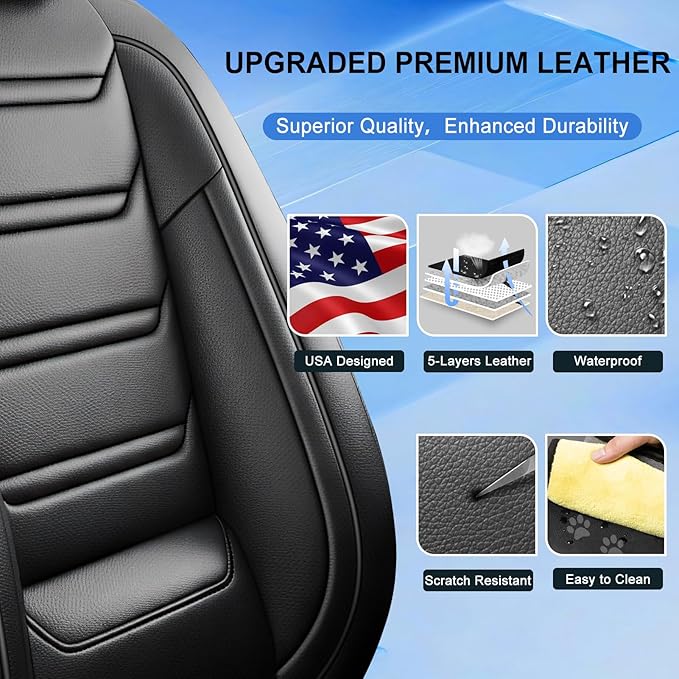 Fit ATS Car Seat Covers for Select Cadillac ATS 2013-2018 - Premium Full Coverage Leather, Airbag Compatible & Scratch-Resistant, Waterproof & All Weather Seat Protector, Full Set, Black