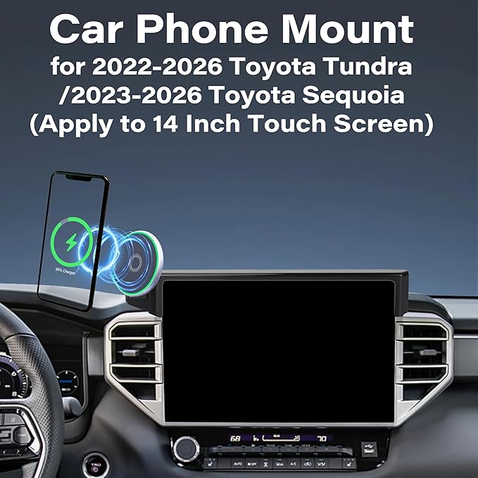Car Phone Holder for 2022-2026 Toyota Tundra/2023 2024 2025 2026 Toyota Sequoia Accessories 15W Fast Wireless Charger Screen Fixed Clip Cell Phone Mount Hands-Free 360 ° Rotation(14 Inch)