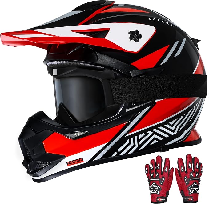 TRIANGLE Adult Dirt Bike Helmet Full Face Motorcycle Helmets with Adjustable Goggles & Gloves - DOT/FMVSS-218 Certified Motocross Helmet for Off-Road ATV BMX UTV