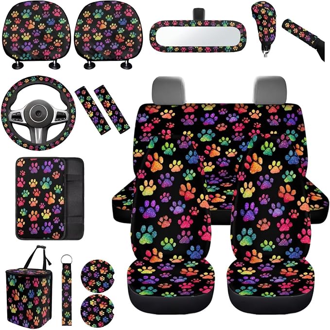 Colorful Dog Paw Print Car Seat Covers Full Sets with Front and Split Rear Bench,Dog Paw Print Car Accessories with Headrest Covers,Steering Wheel Covers Universal Fit, Car, Truck, SUV, Van