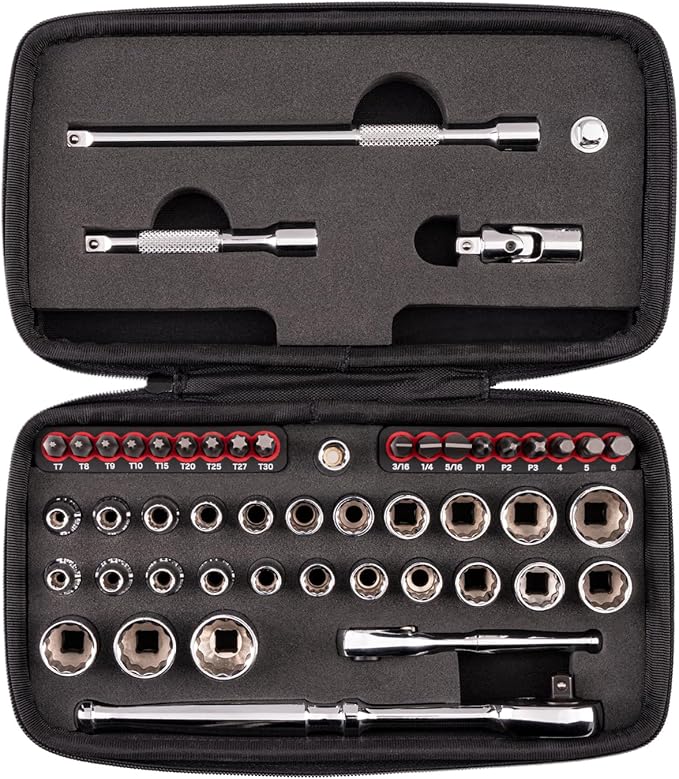 TEKTON 1/4 Inch Drive 12-Point Small Engine Shallow Socket, Bit, and Quick Release Ratchet Set with Case (50-Piece) | SKT07906