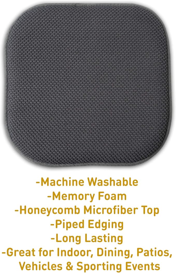 Sweet Home Collection Memory Foam Chair Cushion Honeycomb Pattern Solid Color Slip Non Skid Rubber Back Ultimate Comfort and Softness Rounded Square 16" x 16" Seat Cover, 12 Pack, Charcoal Gray