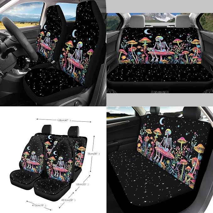 Skull Colorful Mushroom Car Seat Covers 15Pcs Full Set Car Steering Wheel Cover Seat Belt Cover Trash Bin Air Vent Storage Box Rear View Mirror Car Cup Holder Keychain