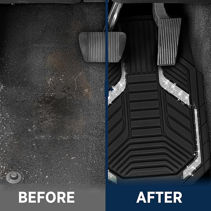 PIC AUTO Car Floor Mats, Silver Sparkly Crystal Bling Glitter Car Mats Set, Front and Rear Heavy Duty Rubber Car Mats with Anti-Slip Backing, All Weather, Trim-to-Fit for SUVs, Trucks, Sedan, Vans