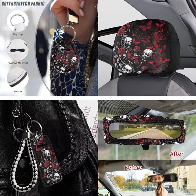 Skull Rose Printed Car Seat Cover Full Set with Steering Wheel Covers Butterfly Auto Seat Belt Pads Car Armrest Pad Car Rear View Mirror Protector Universal Fits, Black and Red