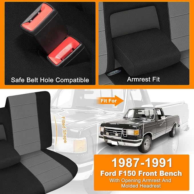 Truck Seat Cover Compatible with 1987-1991 Ford F150 Front Bench with Opening Armrest and Molded Headrest