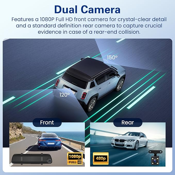 1080P Dual Lens Rear View Mirror Camera, 4 Inch Touchscreen Mirror Dash Cam Front and Rear, Exposure Adjustment/Loop Recording/Motion Detection/Parking Assistance + Backup Camera