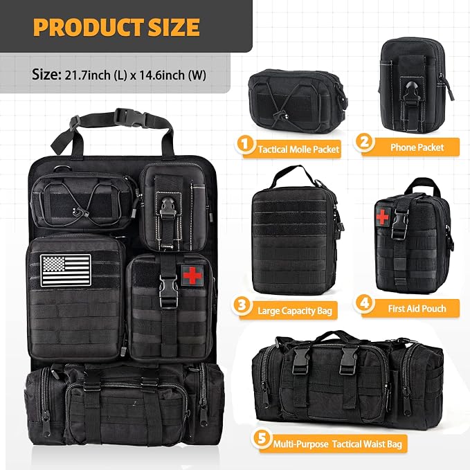 MAIKER Tactical Car Seat Back Organizer, Upgrade Tactical Vehicle Panel Organizer with 5 Detachable Molle Pouch, Universal fits for Most of Vehicle Black
