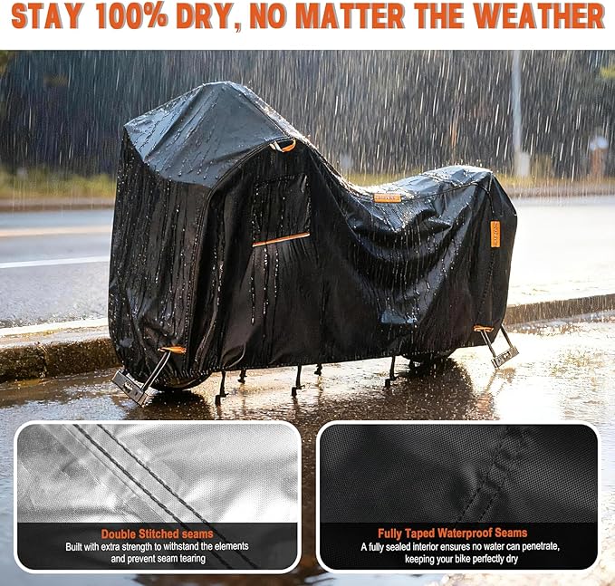 Saking 3XL Larger Motorcycle Cover for Harley Davidson, Heavy Duty 420D Waterproof Outdoor Cover with Lock Holes & Air Vents, Fits Touring, Cruiser, Adventure Bikes (Widened Rear Design)