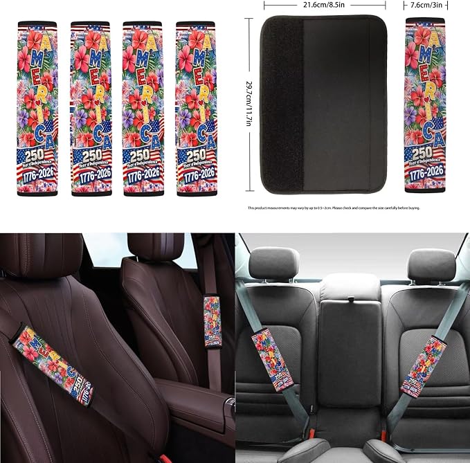 Hibiscus Print Car Seat Covers Set of 18 American Flag Print Car Front Rear Seat Covers with Steering Wheel Cover Safety Belt Pad Armrest Cushion 250 Years Interior Decor for Cars